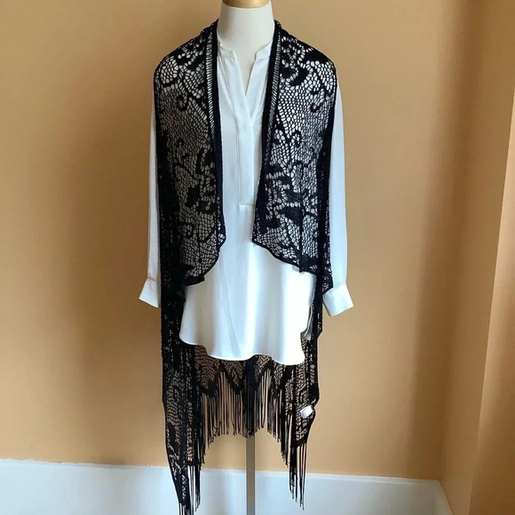 CREAM Black Mesh Fringed Lace Coverup OS - Picture 2 of 15